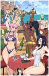  2boys 6+girls abs absurdres alcohol animal_ears arm_up armlet artist_logo artist_name ass ass_focus bag bandeau bangle bare_legs bikini bird black_hair blonde_hair blue_eyes blunt_bangs bottle bow bowtie bracelet braid bread breasts brown_hair brown_lips building buruma cammy_white capcom cat cat_ears cat_tail chair champagne champagne_flute character_request choker chun-li cityscape cleavage cloud cloudy_sky collarbone covered_navel cup dark-skinned_female dark_skin double_bun dreadlocks drinking_glass earbuds earphones earrings elena_(street_fighter) empty_bottle english_commentary eyewear_on_head facial_hair facing_away facing_to_the_side fingernails flag_nails flower food gold_bangle green_hair hair_bun happy headphones highres holding holding_bottle holding_cup holding_hands holding_plate jacket jacket_on_shoulders jewelry kimberly_jackson listening_to_music logo looking_at_another manon_legrand menu multicolored_hair multiple_boys multiple_girls muscular muscular_female muscular_male mustache nail_polish navel necklace obliques ocean one-piece_swimsuit outdoors parted_bangs pink_hair pink_lips plate quad_braids ring running shardanic short_hair short_hair_with_long_locks shorts shoulder_bag sideboob sign signature sitting sky slit_pupils smile street_fighter street_fighter_6 street_fighter_iii_(series) sunglasses swimsuit table tail thick_thighs thighs tinted_eyewear toned toned_female two-tone_hair very_dark_skin water waving white_bandeau white_hair 
