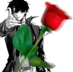  1boy coat cowboy_shot curtained_hair hair_between_eyes highres looking_at_viewer male_focus meme motion_blur omniscient_reader's_viewpoint open_clothes open_coat outstretched_hand parted_lips partially_colored popped_collar short_hair singe_esong solo throwing woe_plague_be_upon_ye_(meme) yoo_joonghyuk 