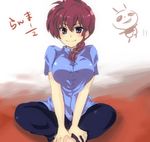  arm_support barefoot blue_eyes blush braid breasts chinese_clothes drawing genderswap genderswap_(mtf) hair_over_shoulder large_breasts long_hair lowres omingo panda ranma-chan ranma_1/2 red_hair saotome_genma saotome_ranma shirt single_braid sitting smile solo tangzhuang 