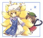  ^_^ animal_ears bad_id bad_pixiv_id blonde_hair blush brown_hair cat_ears cat_tail chen chibi closed_eyes fox_tail hat heart heart_tail matsusaka_gyuu multiple_girls multiple_tails simple_background tail tail_hug touhou yakumo_ran yellow_eyes 