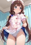  ai-generated blush cameltoe clothes_lift crotch_seam highres hinatsuru_ai indoors lifting_own_clothes looking_to_the_side miniskirt non-web_source nurse panties pussy skirt skirt_lift striped_clothes striped_panties underwear wet wet_clothes wet_panties 
