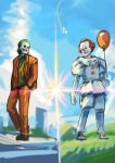  2boys absurdres balloon batman_(series) chanta_(ayatakaoisii) clown crossover day dc_comics facepaint green_hair hand_in_pocket highres holding holding_balloon it_(stephen_king) jacket joker_(2019) joker_(dc) kimi_no_na_wa. looking_at_another looking_to_the_side male_focus multiple_boys outdoors pants parody pennywise receding_hairline red_hair red_jacket red_pants short_hair standing 