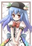  binsen blue_hair blush food fruit hat hinanawi_tenshi long_hair lowres peach red_eyes solo touhou 