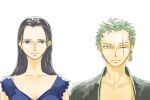  1boy 1girl black_hair blue_shirt closed_mouth commentary_request earrings green_hair hair_slicked_back japanese_clothes jewelry kimono long_hair looking_at_viewer nico_robin nikoban one_piece roronoa_zoro scar scar_across_eye scar_on_face shirt short_hair simple_background smile stitched_torso stitches white_background 