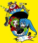  aqua_hair blue_hair crazy_eyes doll gloves green_hair gumi hatsune_miku long_hair matryoshka_(vocaloid) matryoshka_doll megaphone multicolored multicolored_eyes multiple_girls smile twintails vocaloid 