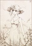  bow bug butterfly dress face flower graphite_(medium) hat insect meago nature original short_hair sky smile solo straw_hat traditional_media 
