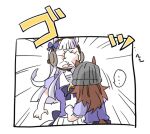  ... 2girls animal_ears beanie beer_hsk bow brown_hair brown_hat ear_covers emphasis_lines gold_ship_(umamusume) grey_hair grey_hat hat horse_ears horse_girl horse_tail in_the_face long_hair mini_hat multiple_girls nakayama_festa_(umamusume) pleated_skirt puffy_short_sleeves puffy_sleeves punching purple_bow purple_shirt ribbed_hat school_uniform shirt short_sleeves skirt spoken_ellipsis tail tracen_school_uniform translation_request umamusume very_long_hair white_background white_skirt 