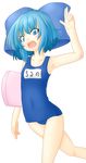  bad_id bad_pixiv_id blue_eyes blue_hair bow cirno hair_bow highres kickboard one-piece_swimsuit rei_maboroshi salute school_swimsuit short_hair solo swimsuit touhou transparent_background 