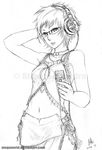  arm_up armpits breasts cellphone choker cleavage cleavage_cutout crop_top frills glasses graphite_(medium) greyscale hand_behind_head hand_on_own_head headphones medium_breasts midriff monochrome navel no_bra original phone ridwan_chandra_choa short_hair signature simple_background sketch skirt solo standing traditional_media watermark 