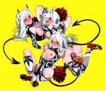  3girls :d absurdres alternate_costume animal_ear_fluff animal_ears arm_support ass bare_shoulders black_tail black_thong blush breastless_clothes breasts cerberus_(helltaker) cheerleader clothing_cutout crop_top demon_girl demon_tail dog_ears dog_girl gaak11977 helltaker highres holding holding_pom_poms kneehighs large_breasts long_hair long_sleeves looking_at_viewer midriff multicolored_shoes multiple_girls nipples non-web_source open_mouth pom_pom_(cheerleading) red_eyes red_shoes revealing_clothes shirt shoes siblings simple_background sisters smile sneakers socks tail thighhighs thighs thong triplets two-tone_shoes white_hair white_thighhighs yellow_background 
