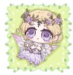  1girl artist_request blooming_dreams_(infinity_nikki) border chibi chinese_commentary choker circlet commentary_request commission dress earrings eyelashes eyeshadow fairy fairy_wings fake_pointy_ears flower flower_dress frilled_choker frills head_wreath heart heart_in_eye highres infinity_nikki jewelry light_blush long_dress lying makeup multiple_earrings nikki_(series) on_back on_ground open_mouth pendant_choker pendant_earring pink_eyeshadow purple_dress purple_eyes purple_flower purple_shoes purple_wings purple_wrist_cuffs second-party_source shadow shoes sleeveless sleeveless_dress smile solo sparkling_eyes symbol_in_eye white_border white_choker wings wrist_cuffs 