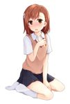  bad_id bad_pixiv_id between_legs blush brown_eyes brown_hair flower hair_ornament hand_between_legs kneeling misaka_mikoto nae_(rno) no_shoes open_mouth school_uniform short_hair simple_background sitting skirt socks solo sweater_vest to_aru_kagaku_no_railgun to_aru_majutsu_no_index vest wariza white_legwear 