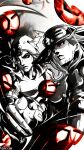  2boys absurdres artist_name black_sclera colored_sclera cowboy_hat english_commentary goggles goggles_on_headwear gyro_zeppeli hat highres horseshoe horseshoe_hat_ornament horseshoe_ornament johnny_joestar jojo_no_kimyou_na_bouken looking_at_viewer monochrome multiple_boys noonvincent red_eyes star_(symbol) star_print steel_ball_(jojo) steel_ball_run 