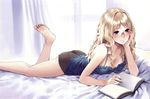  absurdres ass barefoot bed blonde_hair book breasts camisole cleavage copyright_name feet filicia_heideman glasses green_eyes hands head_rest highres kishida_mel lingerie long_hair lying medium_breasts on_stomach panties scan soles solo sora_no_woto toes underwear 