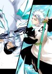  2boys absurdres black_hair black_hakama black_kimono bleach blue_eyes bow_(weapon) capelet glasses gloves green_eyes hakama haori highres hitsugaya_toushirou holding holding_bow_(weapon) holding_sword holding_weapon ishida_uryuu jacket japanese_clothes ken'ichi_(ken1ro_u) kimono male_focus multiple_boys pants parted_lips shihakusho single_glove sword sword_on_back taichou_haori upside-down weapon weapon_on_back white_capelet white_hair white_haori white_jacket white_pants 