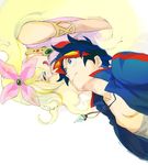  1girl armlet bad_id bad_pixiv_id blonde_hair blue_eyes blue_hair core_drill couple drill eye_contact flower goggles goggles_on_head hair_flower hair_ornament hetero looking_at_another nia_teppelin pixitoro simon tengen_toppa_gurren_lagann younger 