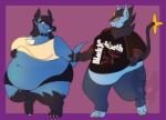 2022 4_claws 4_fingers 4_toes anthro barefoot belly big_belly big_breasts big_moobs biped black_body black_bottomwear black_clothing black_fur black_hair black_mane black_markings black_sabbath black_shorts black_tail blue_body blue_bottomwear blue_clothing blue_fur blue_jeans blue_pants blue_tail border bottomwear bracelet breasts brown_clothing brown_jacket brown_topwear canid canine chest_spike claws clothed clothed_anthro clothed_female clothed_male clothing collar colored dakota_(jedirogue1) denim denim_bottomwear denim_clothing duo facial_piercing fangs feet felid female female_anthro fingers fur generation_4_pokemon gloves_(marking) hair hand_holding hand_on_belly hi_res jacket jeans jewelry leg_markings lucario luxray male male/female male_anthro mammal mane markings moobs navel nintendo nose_piercing nose_ring obese obese_anthro obese_female obese_male open_clothing open_jacket open_topwear overweight overweight_anthro overweight_female overweight_male pantherine pants piercing pink_background pokemon pokemon_(species) purple_border red_eyes red_markings red_nose red_sclera ring_piercing shaded shirt shorts simple_background socks_(marking) spiked_collar spikes spikes_(anatomy) strawberrymilkdog t-shirt tail tan_clothing tan_shirt tan_tank_top tan_topwear tank_top teeth toes topwear tyler_(jedirogue1) walking watermark white_claws white_spikes yellow_claws yellow_eyes