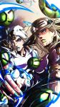  2boys absurdres artist_name blonde_hair blue_eyes blue_lips cowboy_hat english_commentary goggles goggles_on_headwear green_lips gyro_zeppeli hat highres horseshoe horseshoe_hat_ornament horseshoe_ornament johnny_joestar jojo_no_kimyou_na_bouken long_hair looking_at_viewer multiple_boys noonvincent shirt star_(symbol) star_print steel_ball_(jojo) steel_ball_run white_shirt 
