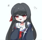  1girl ? ?? black_choker black_hair black_jacket blush bright_pupils chisa_(wuthering_waves) choker commentary corrupted_twitter_file hair_ribbon highres index_finger_raised jacket kimmi_(tsora0_17) long_hair looking_at_viewer mole mole_under_eye neckerchief open_mouth pointing pointing_at_self red_eyes red_neckerchief red_ribbon ribbon sailor_collar simple_background smile solo sweatdrop untranslatable_commentary white_background white_pupils white_sailor_collar wuthering_waves 