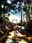  barefoot child chin_rest fish forest glowing goldfish japanese_clothes kimono looking_at_viewer nature original red_eyes ryouma_(888) scenery short_hair solo stairs torii white_hair 