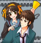  1girl blush brown_eyes brown_hair cardigan frown hairband jacket kita_high_school_uniform kyon mugomumu necktie open_mouth orange_hairband ribbon school_uniform serafuku short_hair smile suzumiya_haruhi suzumiya_haruhi_no_yuuutsu sweatdrop 