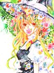  blonde_hair bow braid colorful flower hat highres kirisame_marisa long_hair mouth_hold shiratsuyu single_braid solo star symbol-shaped_pupils touhou traditional_media upper_body watercolor_(medium) witch_hat yellow_eyes 