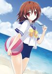  ball beach beachball brown_hair copyright_request day food highres no_pants popsicle red_eyes school_swimsuit school_uniform short_hair smile solo swimsuit swimsuit_under_clothes yukiwo 