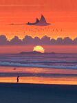  1other absurdres ambiguous_gender beach chinese_commentary cloud colorful commentary_request fangpeii fish flock flying_fish highres horizon manta_ray orange_sky original scenery silhouette sky sun sunset very_wide_shot walking waves 