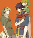  artist_request blonde_hair blue_eyes blue_hair cape carrying fire_emblem fire_emblem:_souen_no_kiseki hat ike link lucas mother_(game) mother_3 multiple_boys pointy_ears shoulder_carry smile super_smash_bros. the_legend_of_zelda the_legend_of_zelda:_the_wind_waker the_legend_of_zelda:_twilight_princess toon_link 