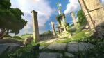  absurdres animal blue_sky cat cloud crimsonsword03 day flower grass highres hill landscape moss original outdoors painterly pink_flower rock runes scenery sculpture shrine sky stairs stone_pillar sunlight sword tree weapon white_flower 