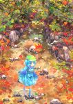  animal autumn backpack bag blue_eyes blue_hair boots colored_eyelashes eyelashes frog hair_bobbles hair_ornament hat kawashiro_nitori key leaf maple_leaf namie-kun nature outdoors rock rubber_boots scenery solo stream touhou tree turtle twintails two_side_up water waterfall watermark 