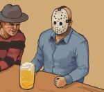  2boys a_nightmare_on_elm_street alcohol bald beer beer_mug blue_shirt blush chanta_(ayatakaoisii) collared_shirt crossover cup dress_shirt exposed_muscle freddy_krueger friday_the_13th grey_hat hat hockey_mask jason_voorhees long_sleeves male_focus mask mug multiple_boys red_shirt shirt sitting striped_clothes striped_shirt 