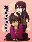  bad_id bad_pixiv_id black_eyes black_hair bracelet green_eyes jewelry long_hair male_focus multiple_boys nakamura_hiro_(nobody10ch) pink_background polka_dot polka_dot_background ponytail raven_(tales) tales_of_(series) tales_of_vesperia translated yuri_lowell 