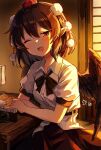  1girl arm_on_table black_bow black_bowtie black_skirt black_wings bow bowtie brown_hair camera collared_shirt commentary drooling hair_between_eyes hat highres indoors looking_at_viewer makida_16 medium_hair one_eye_closed parted_lips pointy_ears pom_pom_(clothes) red_eyes shameimaru_aya shirt short_sleeves signature sitting skirt sleepy smile solo table tokin_hat touhou white_shirt wings 