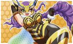  1girl ;d absurdres arm_up armor armpits arthropod_girl bare_shoulders bee_girl black_bodysuit black_gloves bodysuit border braid breasts clenched_hand commentary covered_navel cowboy_shot digimon digimon_(creature) elbow_gloves elbow_spikes eye_mask floating_hair fur_collar giga-kunskap gloves green_eyes highres honeycomb_(pattern) honeycomb_background insect_wings large_breasts long_hair looking_at_viewer mask one_eye_closed open_mouth purple_hair queenbeemon smile solo teeth upper_teeth_only very_long_hair white_border wings yellow_armor yellow_mask 
