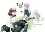  2girls bad_id bad_pixiv_id bandages cake chain closed_eyes emil_(nier) food grimoire_weiss kaine_(nier) kneeling lying multiple_girls nier nier_(series) nier_(young) pomeko silver_hair smile yellow_eyes yonah 