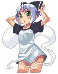  :o alternate_costume alternate_hairstyle bottomless chacha_(tyatya) cowboy_shot cropped_legs dress_shirt ghost green_eyes hairband konpaku_youmu konpaku_youmu_(ghost) naked_shirt raglan_sleeves shirt short_hair silver_hair simple_background solo t-shirt thighhighs touhou white_background 