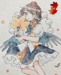  1girl autumn_leaves black_hair black_ribbon black_skirt black_wings closed_mouth collared_shirt commentary cowboy_shot hand_fan hat hauchiwa highres holding holding_fan leaf looking_at_viewer maple_leaf mozukuzu_(manukedori) neck_ribbon orange_shirt pom_pom_(clothes) puffy_short_sleeves puffy_sleeves red_eyes red_hat ribbon shameimaru_aya shirt short_sleeves skirt solo tokin_hat touhou traditional_media two-tone_shirt untranslatable_commentary white_shirt wings 
