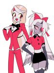  2girls :d absurdres arm_at_side back-to-back belt black_bow black_bowtie black_nails black_skirt blonde_hair blunt_ends bow bowtie breasts buttons charlie_morningstar collared_shirt colored_sclera colored_skin commentary_request contrapposto cowboy_shot curtained_hair elbow_gloves eye_contact fangs fewer_digits fingerless_gloves flat_color gloves grey_gloves grey_hair grey_skin grey_thighhighs grin hair_bow hair_over_one_eye hair_tie hand_on_own_chest hand_on_own_hip hazbin_hotel height_difference hellaverse high_ponytail highres jacket layered_sleeves long_hair long_sleeves looking_at_another looking_back low-tied_long_hair menma_(enaic31) miniskirt multicolored_hair multiple_girls nail_polish no_pupils open_mouth pants pencil_skirt pink_sclera ponytail raised_eyebrows red_bow red_eyes red_hair red_jacket red_pants red_shirt shirt short_sleeves sideways_glance signature simple_background skirt small_breasts smile standing streaked_hair swept_bangs tareme teeth thighhighs tongue traditional_bowtie turtleneck turtleneck_shirt two-tone_hair upper_teeth_only vaggie very_long_hair white_background white_belt white_hair white_shirt white_skin white_streaks white_trim x_(symbol) yellow_eyes yellow_sclera zettai_ryouiki 