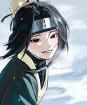  1boy androgynous black_hair black_shirt brown_eyes bun_cover commentary_request dutch_angle forehead_protector green_shirt hair_bun haku_(naruto) luv_chan55 male_focus naruto_(classic) naruto_(series) parted_hair shirt single_hair_bun smile snow solo turtleneck upper_body 
