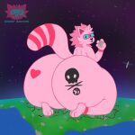 3_toes 4_fingers anthro big_butt blue_sclera butt city city_crushing cracked_ground destruction feet fingers fur fur_markings heart_nose heart_symbol hi_res huge_butt hyper hyper_butt looking_at_viewer macro male mammal markings moon murky_winters planet planet_destruction procyonid raccoon satellite sitting_on_planet skull_(marking) solo space striped_markings striped_tail stripes tail tail_markings toes tongue tongue_out zigzzyracoon