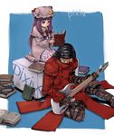  1girl aru-sci bad_id bad_pixiv_id black_hair blue_eyes book character_request cosplay electric_guitar glasses gloves guitar instrument long_hair mask patchouli_knowledge pixiv plectrum purple_hair reading sitting surgical_mask sweatdrop touhou trigun vash_the_stampede vash_the_stampede_(cosplay) 