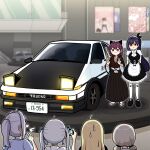  6+girls :3 ahoge apron black_dress black_hakama black_kimono black_shoes blonde_hair blue_hair blue_shirt bow brown_eyes brown_hair camera car cellphone commentary double_v dress elbow_gloves frills fujiwara_takumi's_toyota_trueno_ae86 geta gloves gosegu grey_hair hair_bow hakama hakama_skirt highres holding holding_camera holding_phone ine_(vtuber) initial_d japanese_clothes jingburger jururu kimono korean_commentary korean_text license_plate lilpa long_hair low_twintails maid maid_headdress mary_janes motor_vehicle mozzaraccoon multiple_girls official_alternate_costume open_mouth phone ponytail poster_(object) puffy_short_sleeves puffy_sleeves purple_eyes purple_hair shirt shoes short_hair short_sleeves skirt smartphone smile standing sweatdrop sword taking_picture thighhighs twintails v vehicle_focus viichan virtual_youtuber waktaverse weapon weapon_on_back white_thighhighs yellow_eyes 