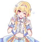  1girl ;d blonde_hair blush braid clenched_hands commentary crop_top cropped_jacket frilled_wristband fujita_kotone gakuen_idolmaster idol_clothes idolmaster korean_commentary long_hair looking_at_viewer nyabu_1004 official_alternate_costume one_eye_closed sekaiichi_kawaii_watashi_(idolmaster) smile solo twin_braids yellow_eyes 