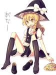  black_legwear blonde_hair braid fan feet full_body hat hot kimarin kirisame_marisa kneehighs loafers long_hair paper_fan shoes side_braid simple_background sitting socks solo sweat touhou uchiwa witch_hat yellow_eyes 