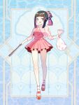  1girl :d black_hair blue_background blue_eyes blunt_bangs blush breasts dress highres lita3773 medium_hair multicolored_hair pink_dress pink_hair platform_sandals ponytail root_eden sandals small_breasts smile tongs trash_bag two-tone_hair 