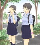  braid multiple_girls original pleated_skirt school_uniform skirt toshiya twin_braids 