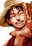  brown_hair grin happy hat lack male_focus monkey_d_luffy one_piece outstretched_arm outstretched_hand painterly realistic scar smile solo straw_hat vest 