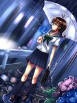  akizuki_ritsuko antenna_hair bag braid dutch_angle flower glasses guard_rail hydrangea idolmaster idolmaster_(classic) kneehighs npon515 profile rain school_bag school_uniform serafuku socks solo summer_days_school_(idolmaster) umbrella 