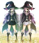  asymmetrical_clothes bad_id bad_pixiv_id belt boots choker crystal eyepatch hat knee_boots miniskirt multiple_girls ookuma_(nitroplus) original pink_eyes pleated_skirt purple_hair siblings sisters skirt symmetry twins witch witch_hat zipper 